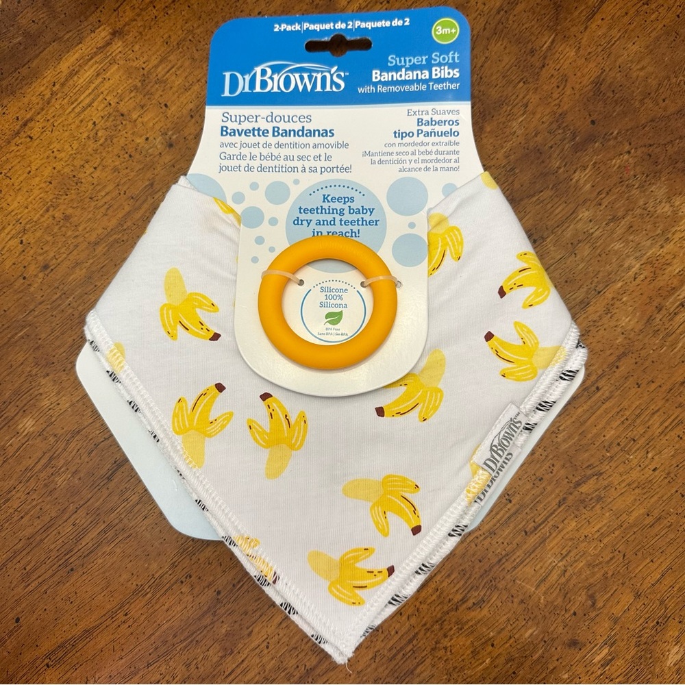 NEW- Dr. Brown's Banana Print Set of Bandana Bibs W/Attachable Silicone Teether
